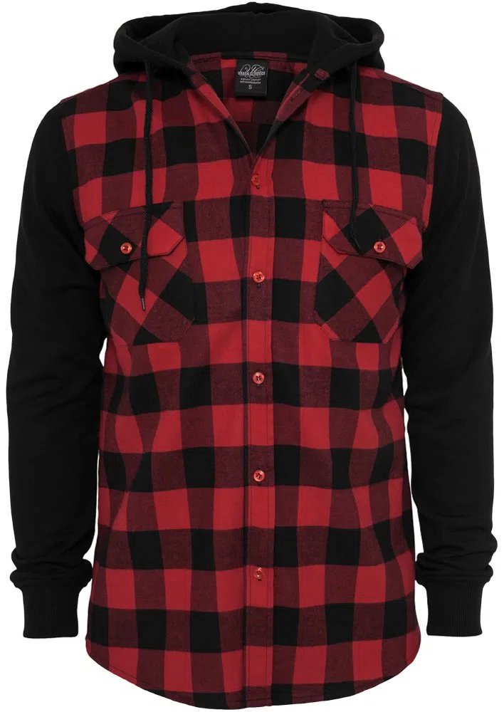Urban Classics A Cuadros Franela con Capucha Hombre Camisa de Franela Negro/Rojo Regular