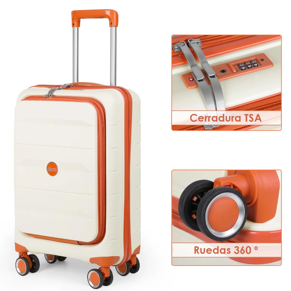 MERCURY TEXTIL- Maleta de Cabina 55x22x36cm de Polipropileno (PP), Equipaje de Mano Rígido con Cerradura TSA y Bolsillo Frontal, Maleta Funcional con 4 Ruedas Dobles 360º y Resistente. (Hueso)