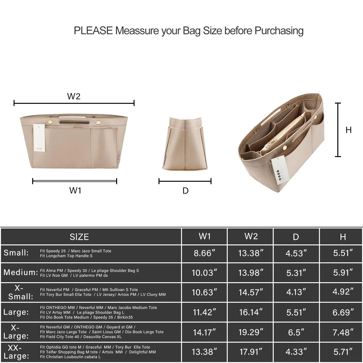 ZTUJO Organizador de monedero para bolsos, organizador de bolsas sedosas con 2 cremalleras para Speedy Neverful Tote y más (beige, grande)