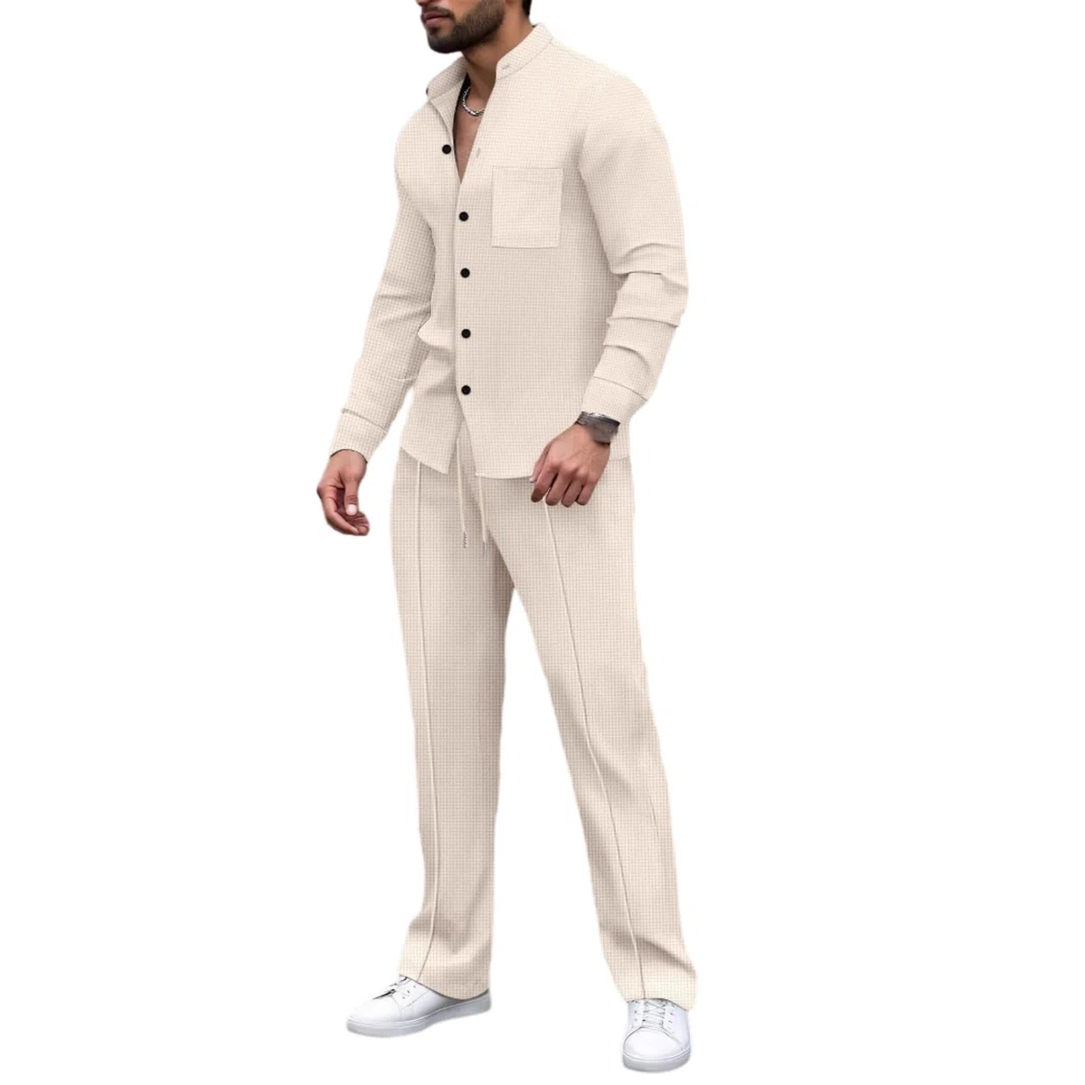 Generisch Conjunto de 2 piezas de camisa y pantalones informales para hombre, estilo gofre, ropa informal y casual