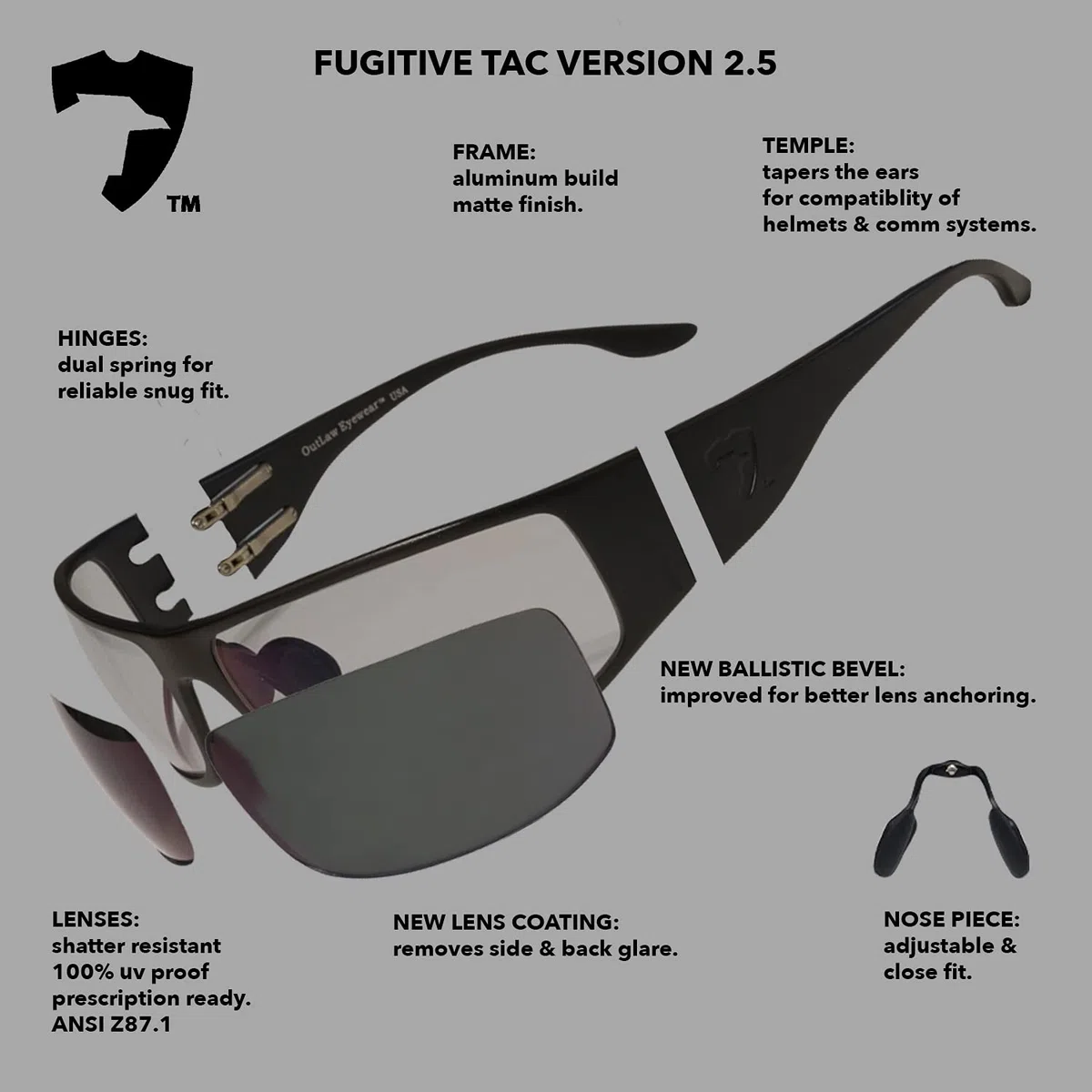 Outlaw Eyewear Adulto, unisex Fugitive armazón táctica negro con lente polarizado gris