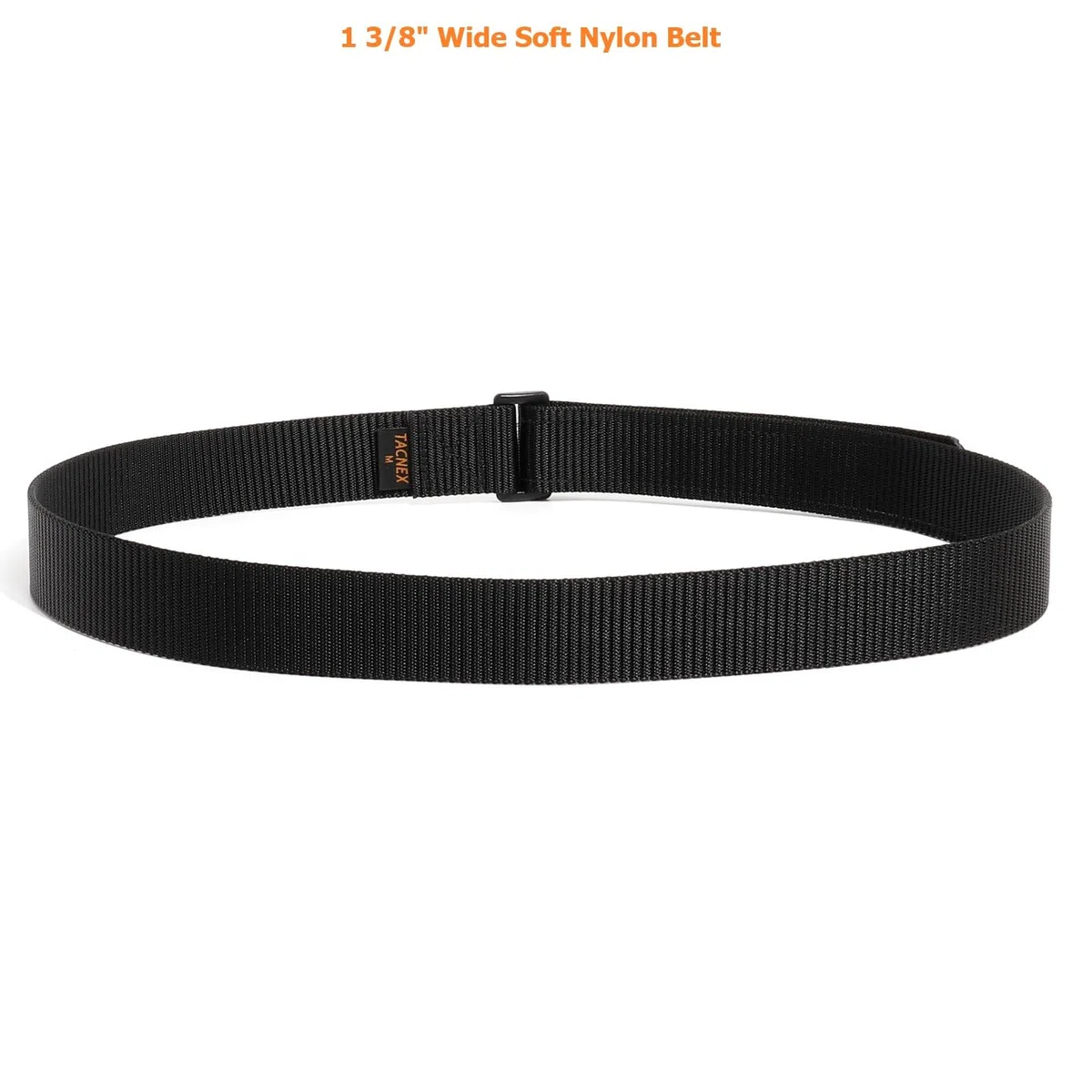 TACNEX Cinturón de nailon antiarañazos de 1 3/8 pulgadas, sin hebilla de metal, con cierre de , aprobado por la TSA para el trabajo, viajes, mecánico, conductor, Bucle de polímero negro, Small