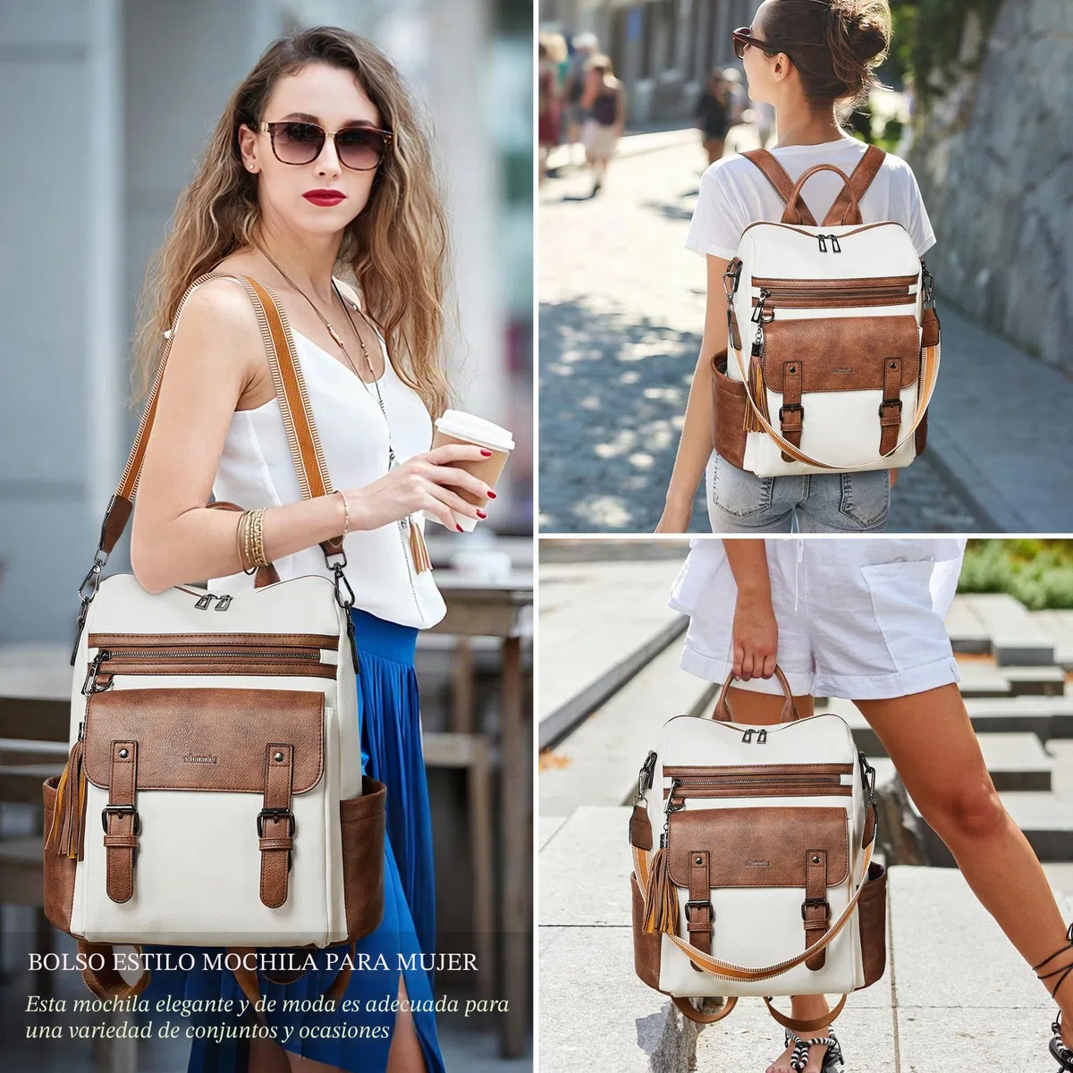 Shrrie Mochila para Mujer Cuero Vegano,Impermeable Antirrobo,Elegante para Portátil,Correa Ajustable con Asa y Bandolera Multifuncional para Diario,Trabajo,Viaje,Escuela y Compras.