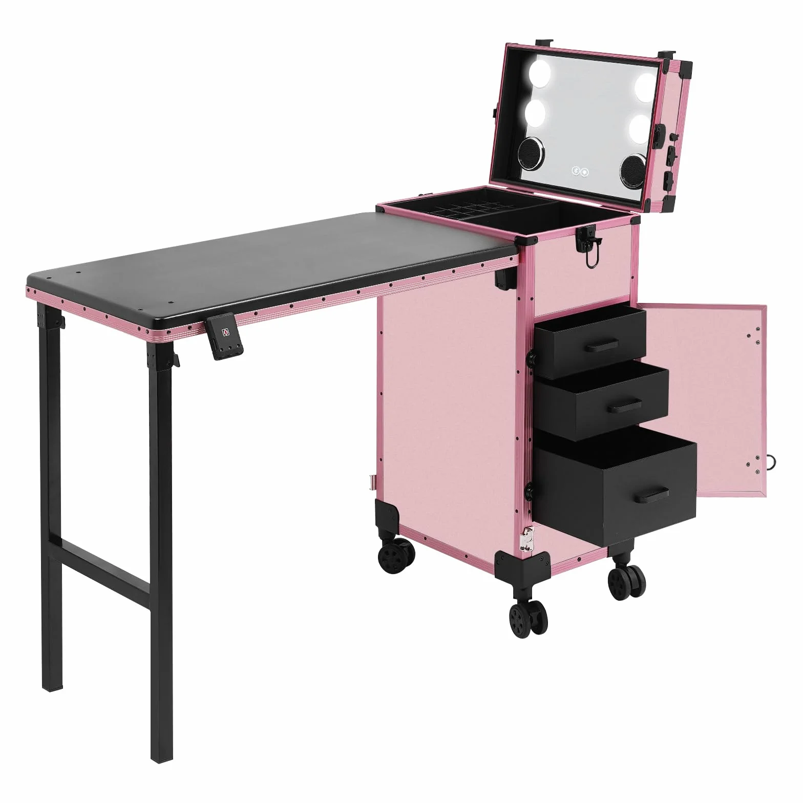 Carro de cosméticos con mesa rodante mesa de manicura con espejo LED 2 en 1 plegable mesa de uñas con 3 cajones maletín de viaje para uñas maletín de maquillaje para artistas de uñas