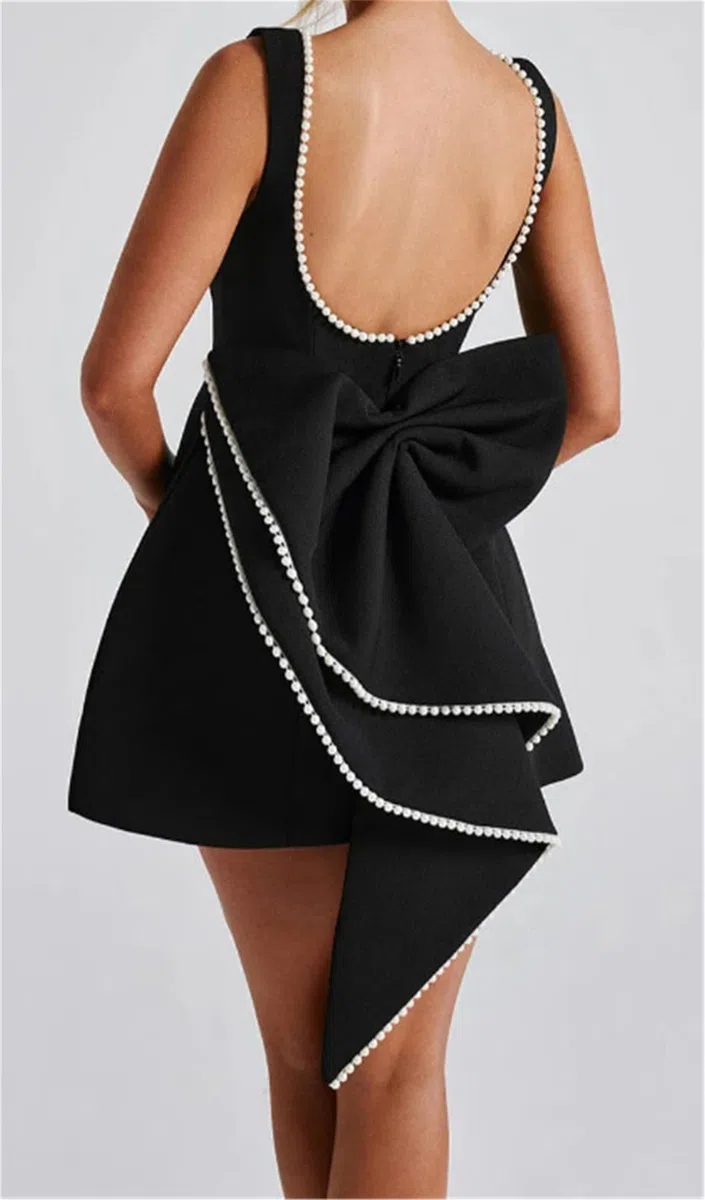 Vestido de verano para mujer, sin mangas, con lazo, perla, corto, sexy, delgado, sin mangas, espalda abierta, mini vestidos formales