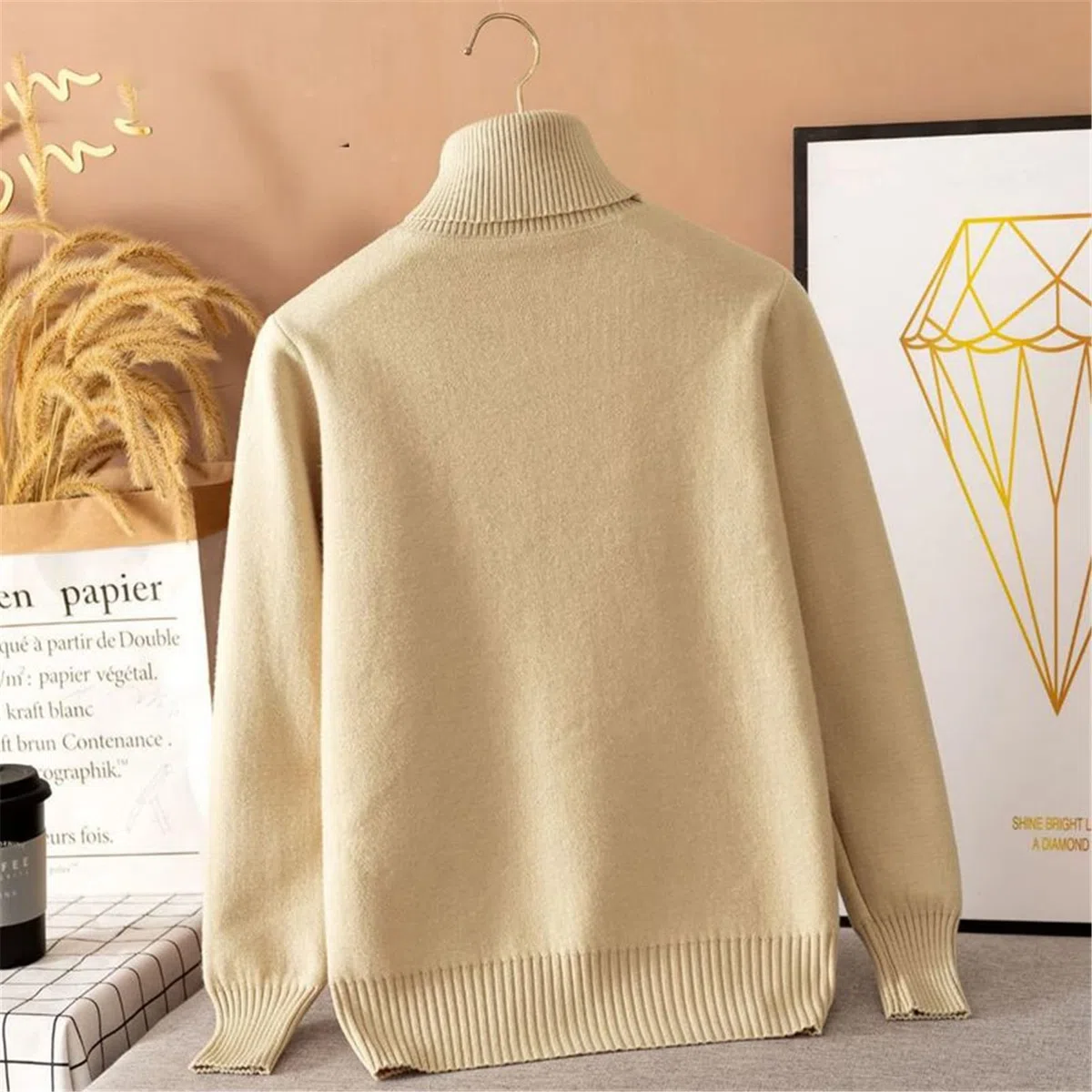 Invierno cálido suéter mullido mujeres cuello alto elegante jersey jersey de punto