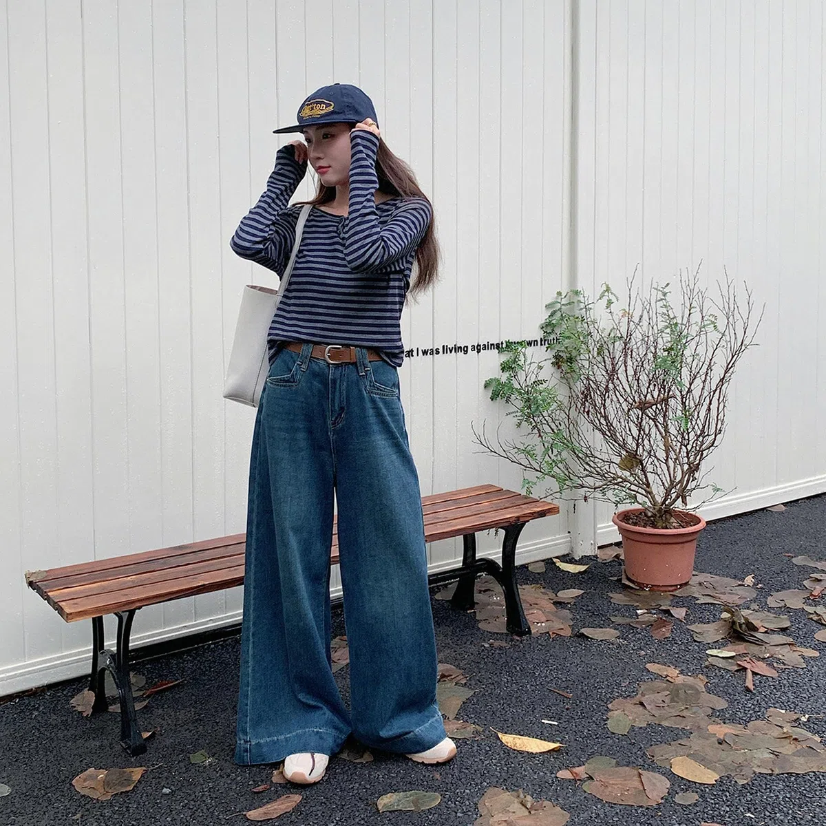 Pantalones Vaqueros de Tiro Alto y Pierna Ancha para Mujer, Holgados y Rectos - Azul ámbar - M
