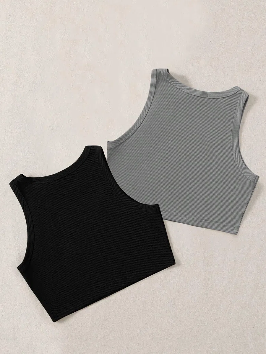 Pack de 2 camisetas sin mangas acanaladas elegantes con cuello redondo para mujer y top corto occidental