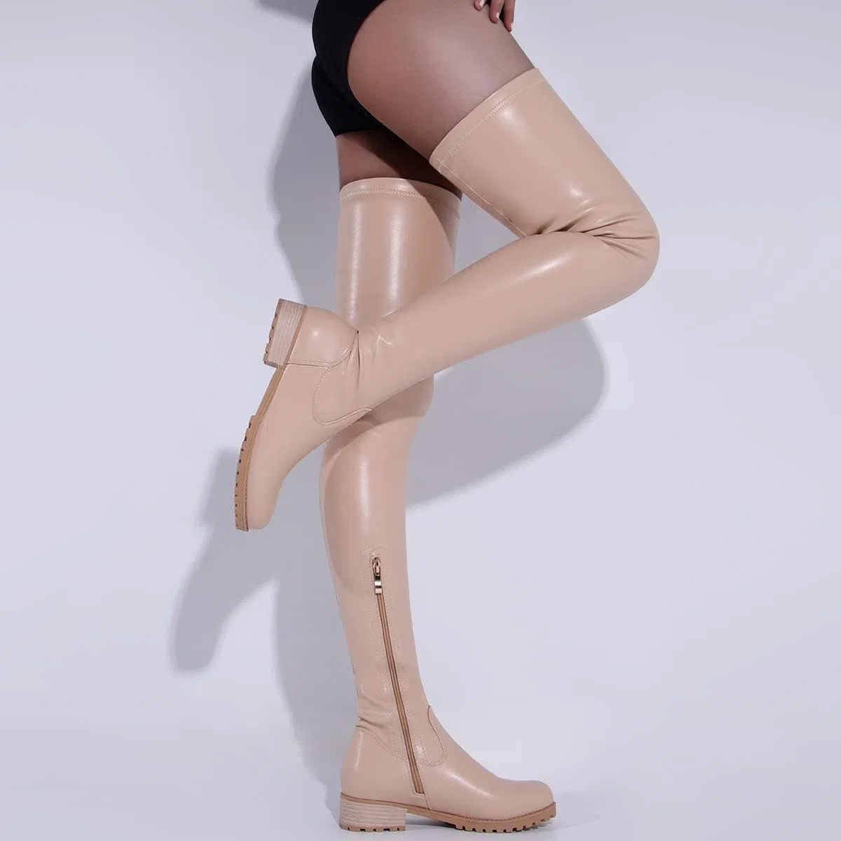 Botas Altas hasta el Muslo para Mujer,Botas Invierno elásticas por Encima la Rodilla Cremallera Punta Redonda tacón bajo Grueso,Botas Combate cómodas,Botas largas Motociclista,Apricot,35.5 EU