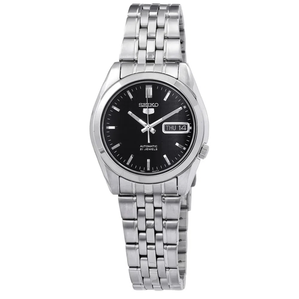 Seiko SNK361 - Reloj analógico de Acero Inoxidable con Esfera Negra para Hombre, Negro/Gris, Clásico