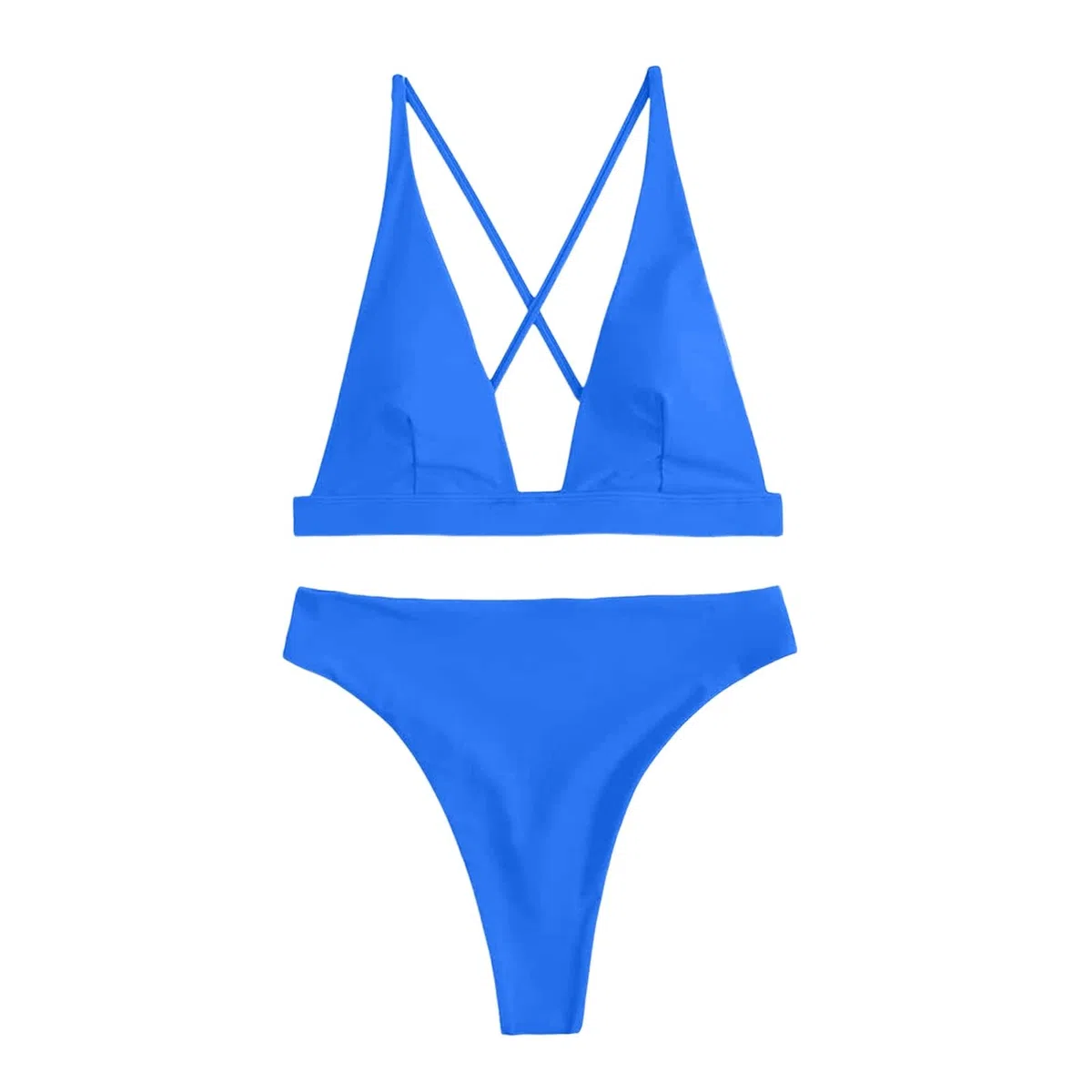 Bikini Mujer Tanga Conjunto Cintura Alta Sexy Triángulo Brasileño Top Profundo Cuello En V Traje De Baño Dos Piezas Trajes,Azul,S