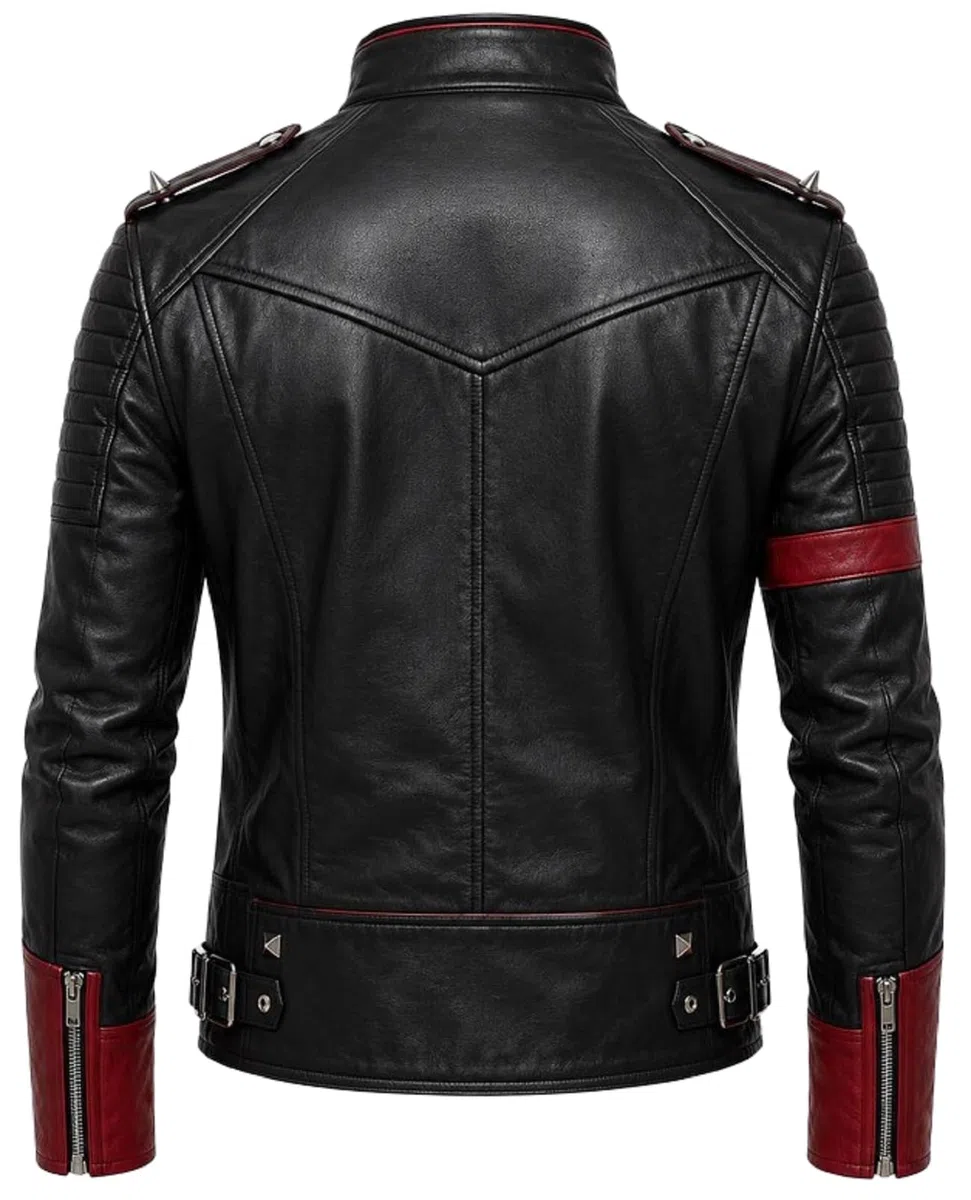 Chaqueta de cuero para hombre, inspirada en Pop Star, color rojo y negro, estilo punk rock, con tachuelas