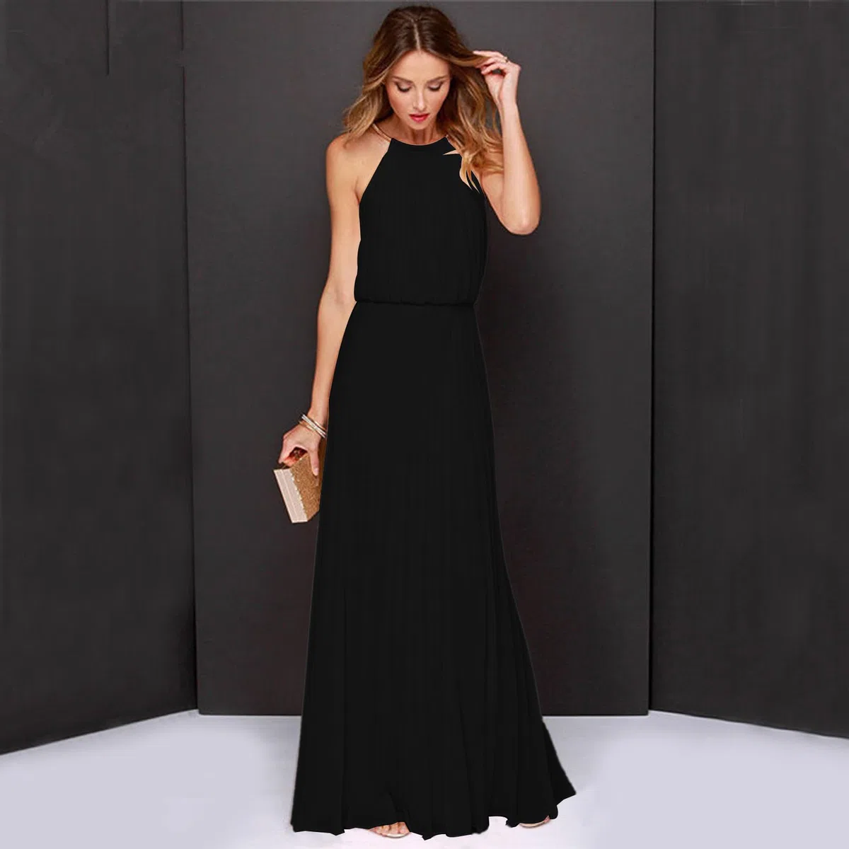 Vestido Elegante Mujer Verano Sin Mangas Casual Vestidos Largo Fiesta Sexy Cuello Halter Vestido de Cóctel Festivo para Mujer