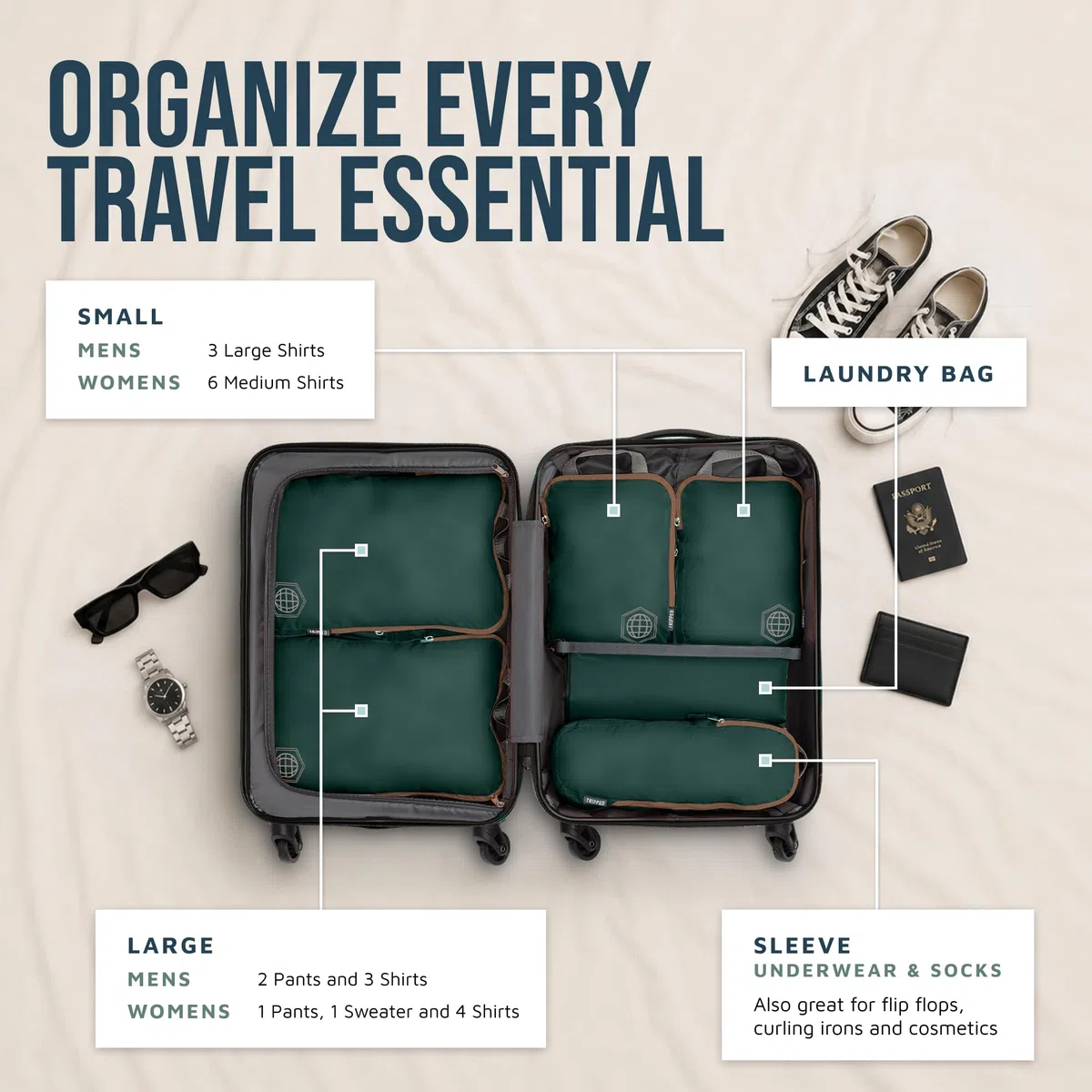 TRIPPED Travel Gear - Juego de bolsas de compresión para viaje, en forma de cubo, ligeras y duraderas, para maletas, 6 Piece, Classic