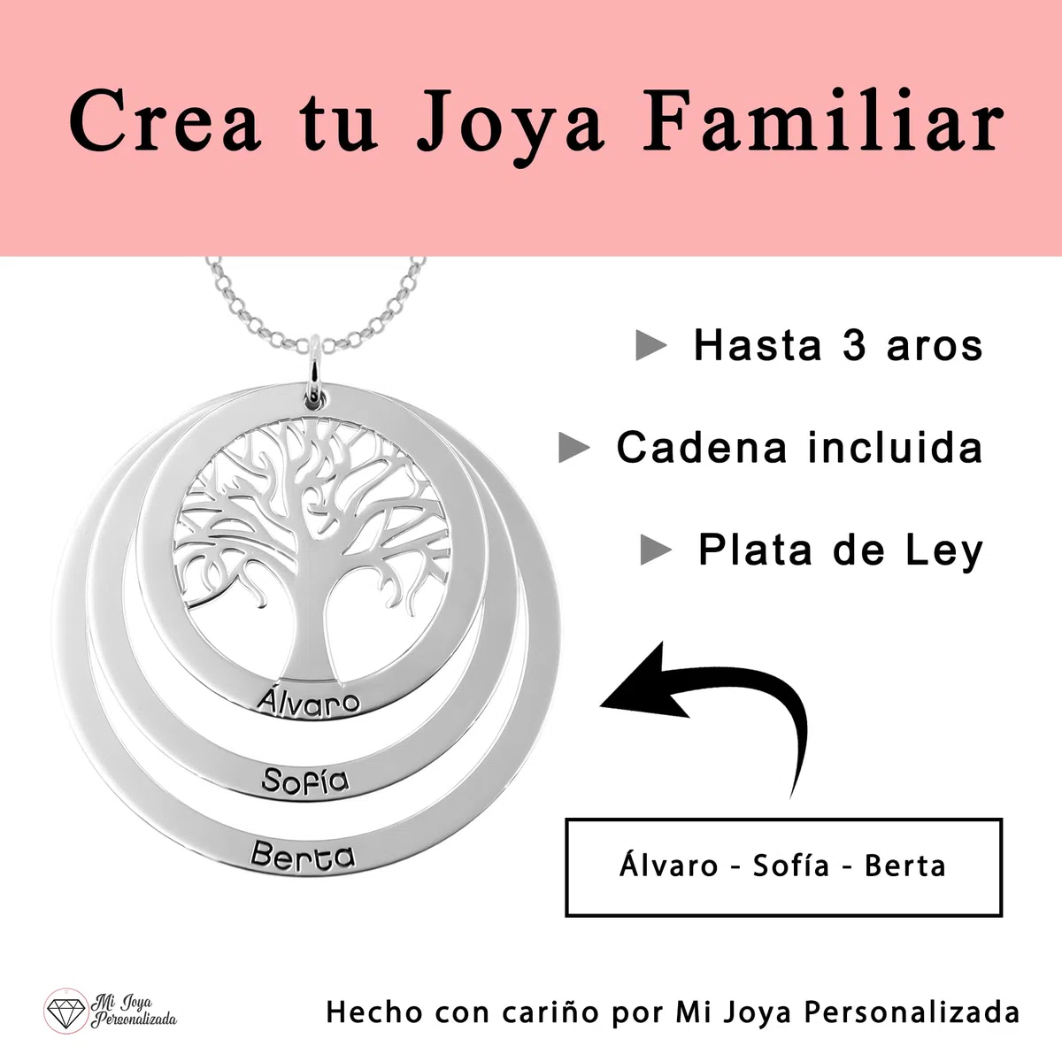 Colgante de Plata Personalizado con Árbol de la Vida y Nombres Grabados - Collar con hasta 3 Aros para Familia - Joyería Simbólica para Madres y Abuelas