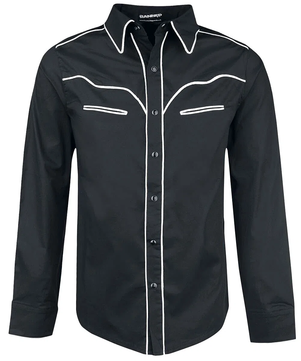Banned Alternative Plain Trim Hombre Manga Larga Negro-Blanco Regular