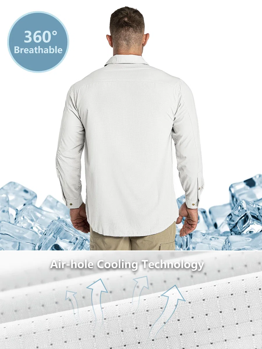 Outdoor Ventures Camisa de manga larga para hombre, camisa funcional para exteriores, de secado rápido, informal, transpirable, Blanco, XL