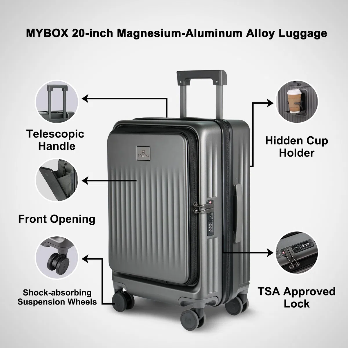 MYBOX Juego de equipaje de 2 piezas con equipaje de mano de 20 pulgadas y funda de viaje de 12 pulgadas, maleta de bolsillo frontal con ruedas giratorias, puerto USB y portavasos, equipaje rígido