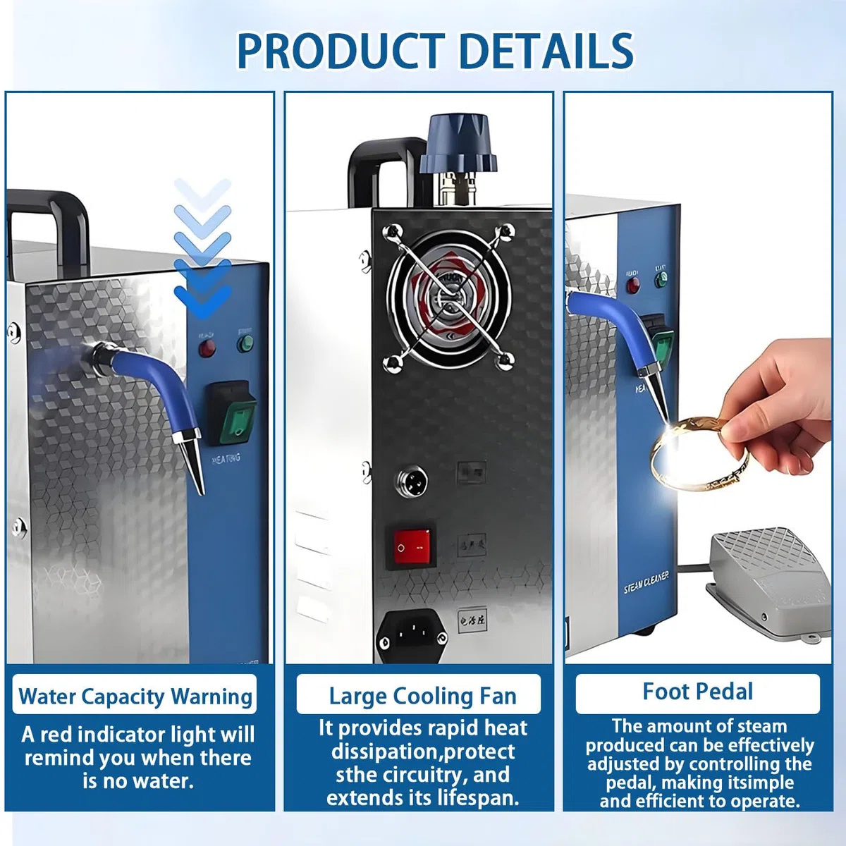 Limpiador Vapor Pro Joyas 2L, Acero Alta presión Silver | 1300W, calentamiento 8 min. Limpia cadenas, gafas, componentes & metales. Depósito 2L. Acero inox.