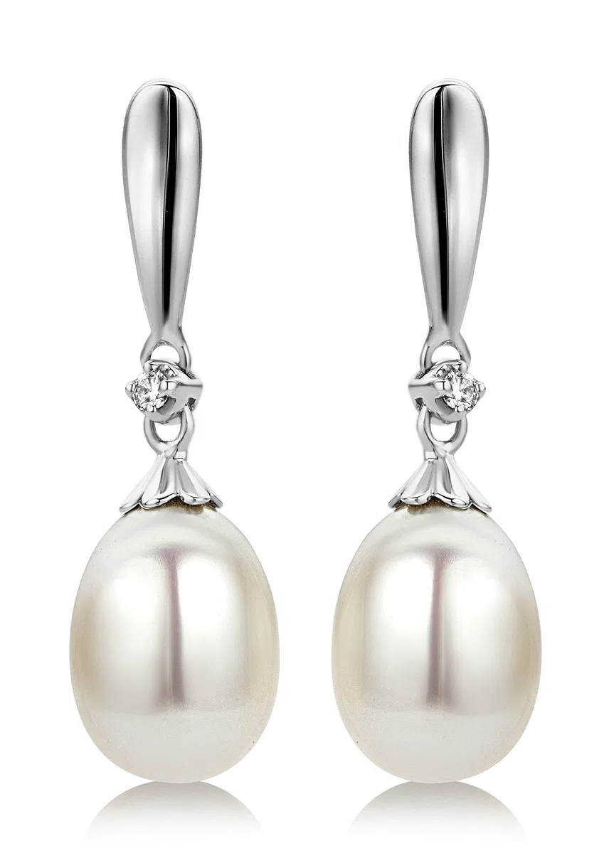Miore Pendientes de Oro Blanco de 9K con Diamantes y Perlas en Forma de Gota para Mujer