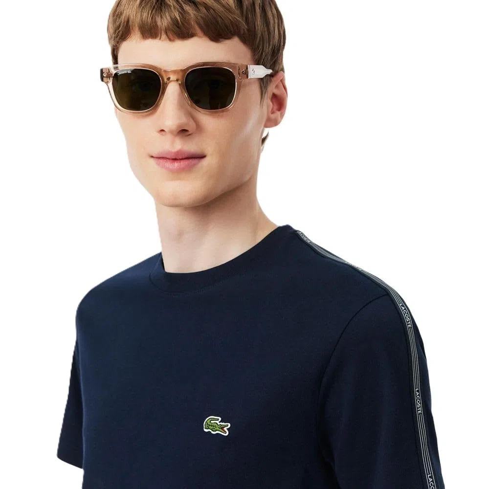 Lacoste Camiseta de Manga Corta para Hombre, Algodón 100%, Azul Marino, Cuello Redondo, Raya en Hombros, Regular Fit