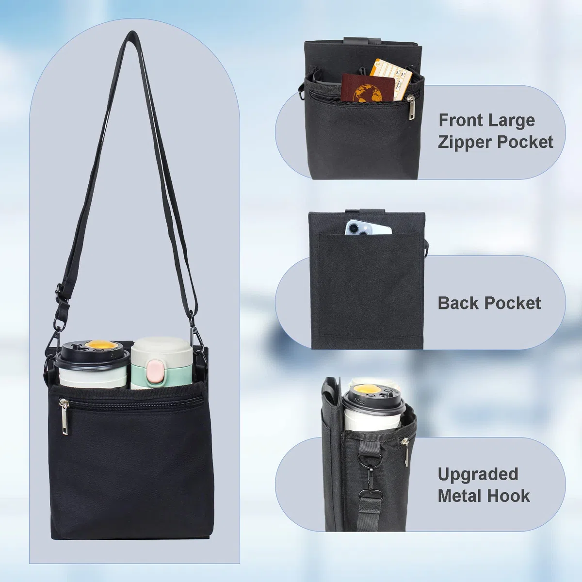 Portavasos de viaje para equipaje con correas de equipaje, organizador de bebidas de mano, accesorios de viaje, regalo para asistentes de vuelo, hombres de negocios, viajeros, se adapta a asas de