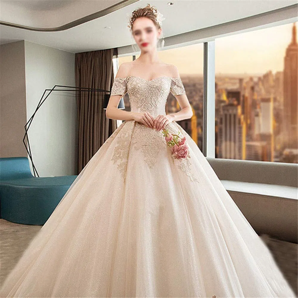 Las Mujeres del Vestido de Novia Tienen Hombros Retro, Delgados Y Elegantes Vestidos Delgados, Vestidos de Novia Tridimensionales, Color de la Foto, l