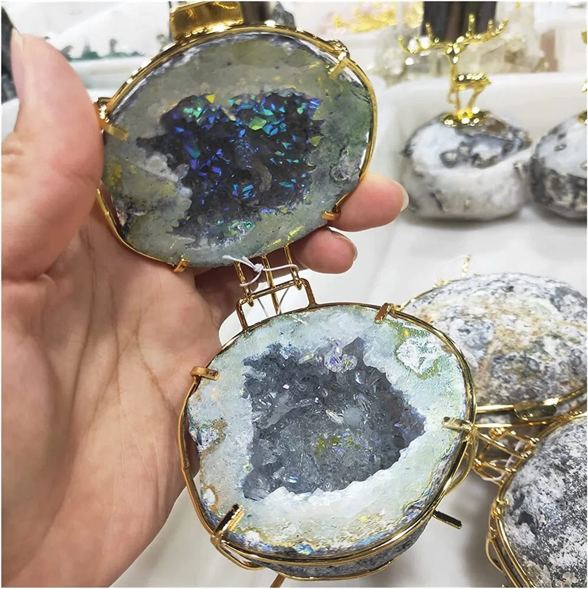 Piedras Natural Hecho a mano Almacenamiento Ágata geoda Collar Cuarzo en bruto Cristal Pendiente Anillos Caja Piedra de cristal Mujer Joyería Contenedor Piedras de cristal Decoración Inicio Coleccione