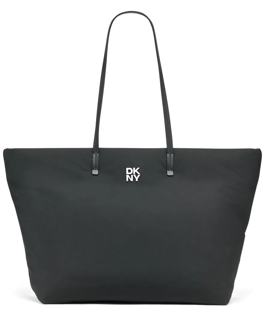 DKNY Tote Jenny para mujer, 100% poliéster con ribete de poliuretano, logotipo negro y negro, Logotipo negro y negro