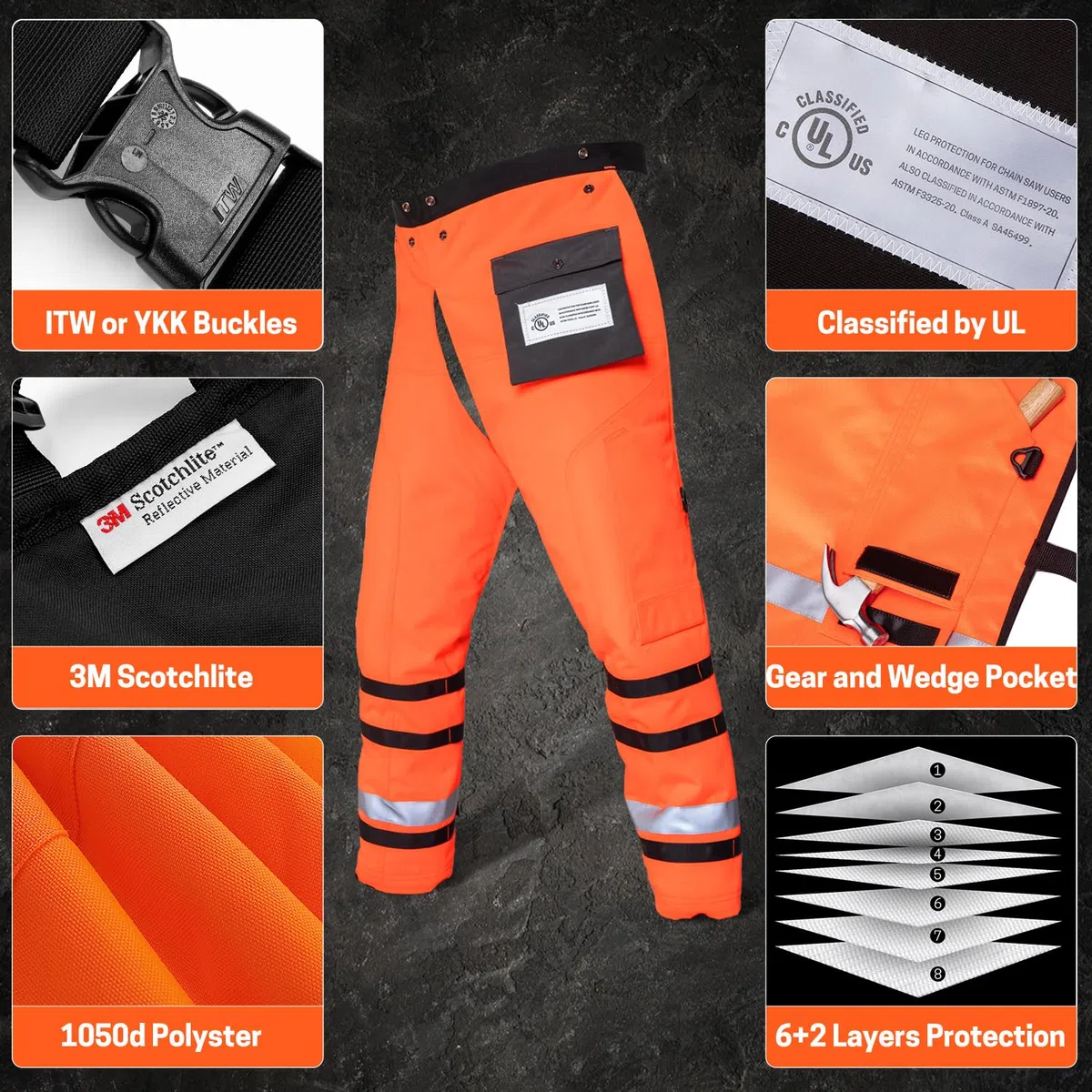 Pantalones de motosierra de 8 capas para motosierra UL Clase A, estilo delantal, naranja, L