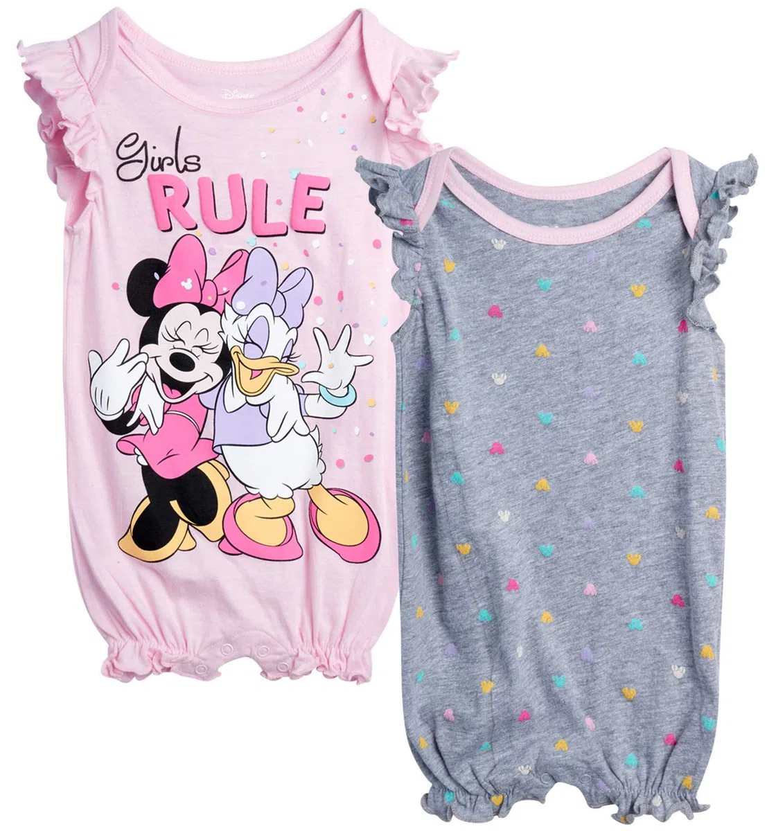 Disney Baby Girls Romper 2 Pack: Minnie Mouse Ruffle Sleeve Romper (Newborn/Infant), Size 6-9 Months, Pink Minnie & Daisy/Grey Multi Polka Dots