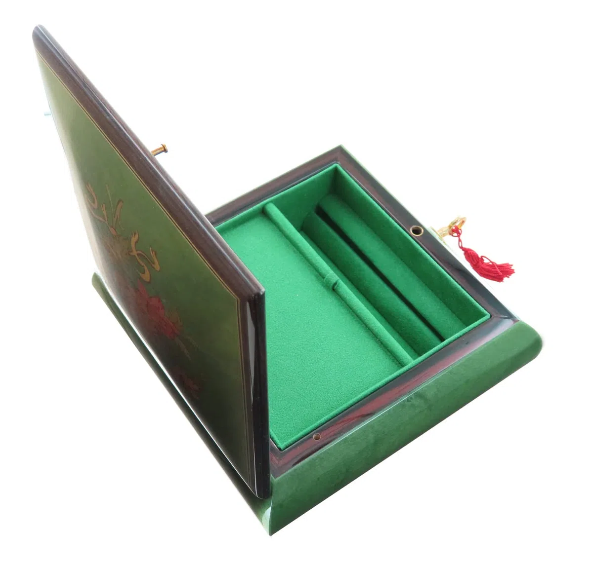 Joyero musical/caja de música para joyas de madera teñida verde claro con marquetería ramo de flores y mecanismo musical de resorte de 18 notas - El vals de Amélie Poulain (Yann Tiersen).