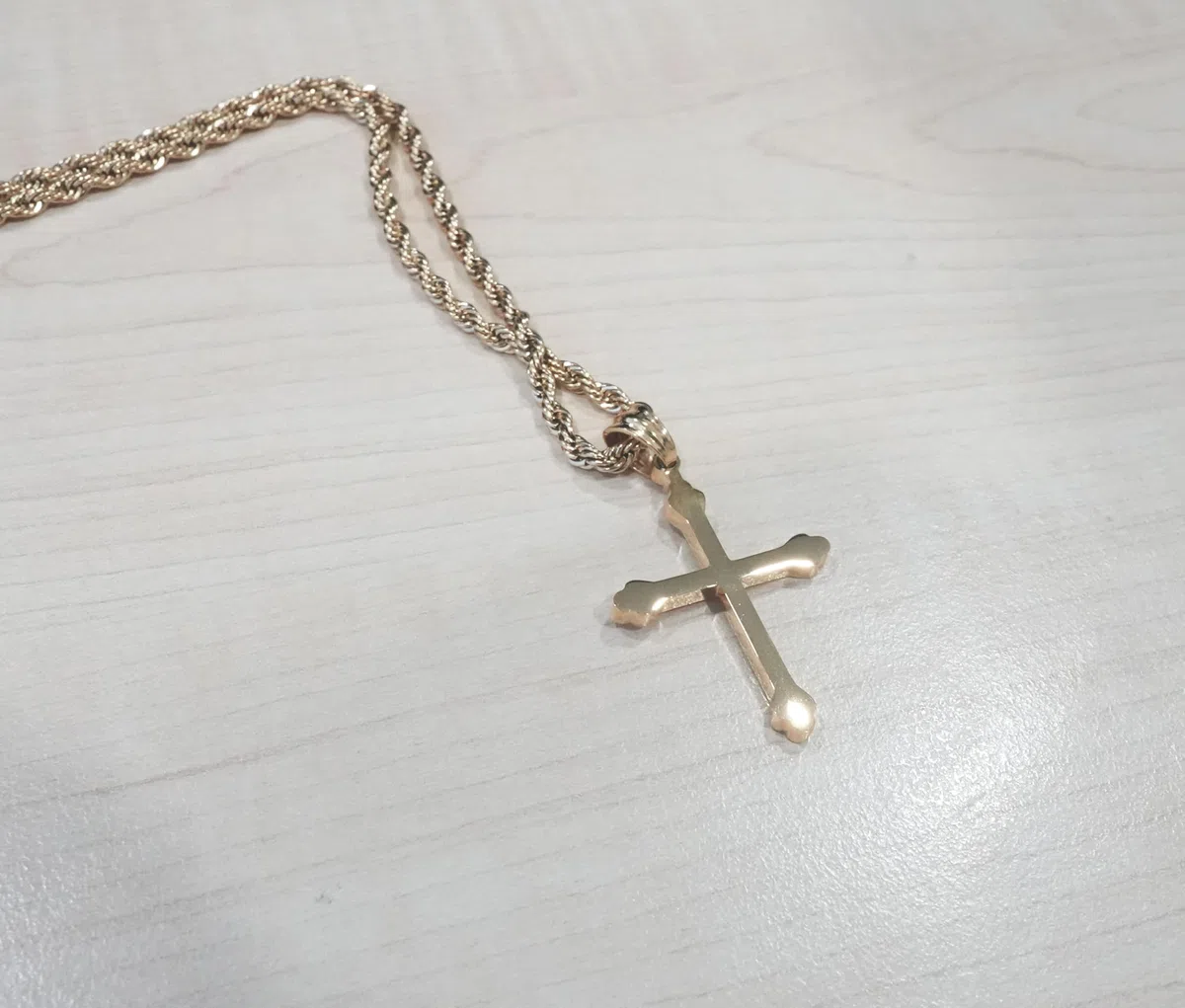 18K Small Gold Cross Necklace Pendant Charm with 3MM Rope Chain Gift for Men Women Husband Wife Baptism Religious w/real strong Solid Clasp Fashion Jewelry
